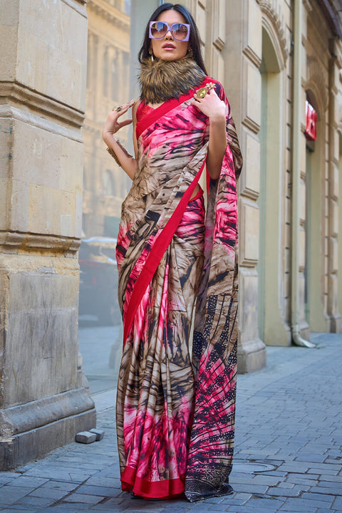 VastraLakshmi Appealing Brown and Pink Digital Printed Satin Silk Saree With Engrossing Blouse Piece