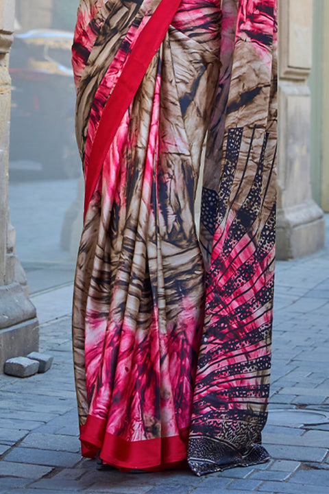 VastraLakshmi Appealing Brown and Pink Digital Printed Satin Silk Saree With Engrossing Blouse Piece