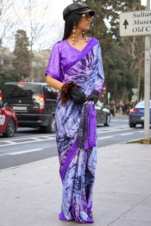 VastraLakshmi Exceptional Lavender Digital Printed Satin Silk Saree With Majesty Blouse Piece