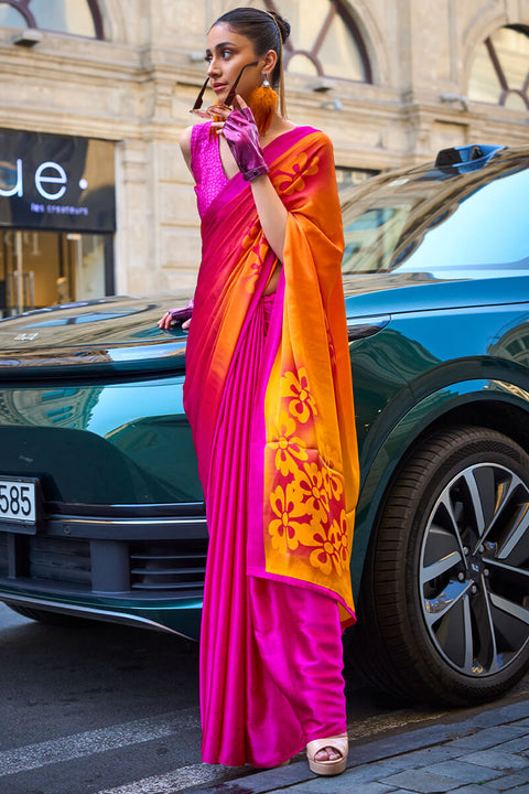 VastraLakshmi Inspiring Pink and Yellow Digital Printed Satin Silk Saree With Fairytale Blouse Piece