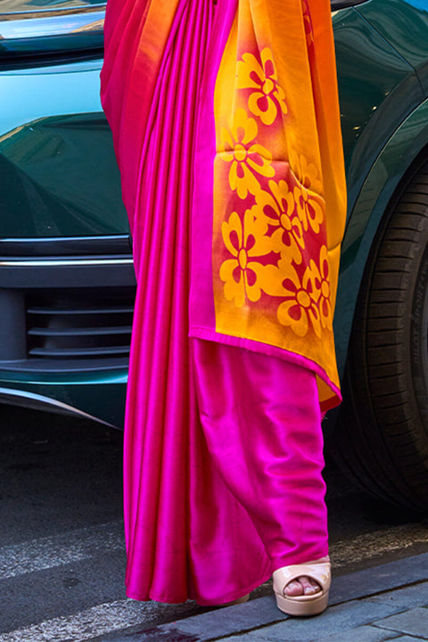 VastraLakshmi Inspiring Pink and Yellow Digital Printed Satin Silk Saree With Fairytale Blouse Piece