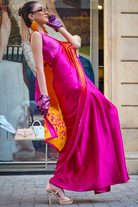 VastraLakshmi Inspiring Pink and Yellow Digital Printed Satin Silk Saree With Fairytale Blouse Piece