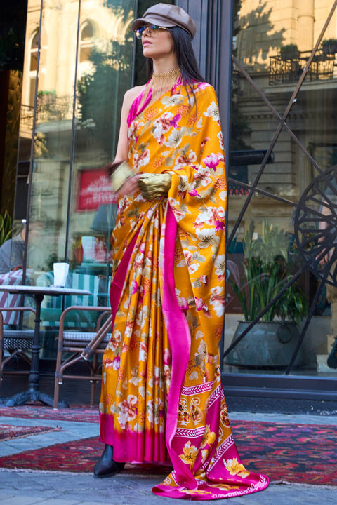 VastraLakshmi Bucolic Yellow Digital Printed Satin Silk Saree With Cynosure Blouse Piece