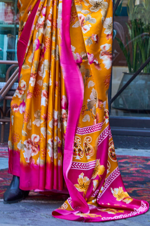 VastraLakshmi Bucolic Yellow Digital Printed Satin Silk Saree With Cynosure Blouse Piece