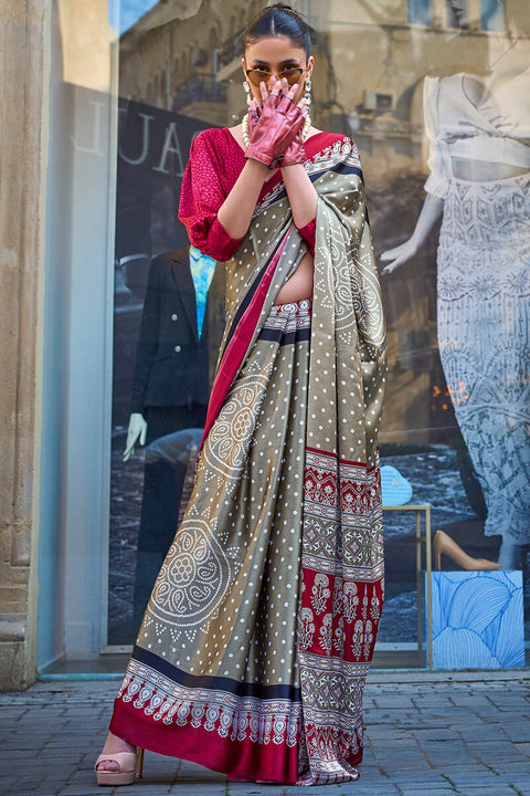 VastraLakshmi Dalliance Grey Digital Printed Satin Silk Saree With Demesne Blouse Piece