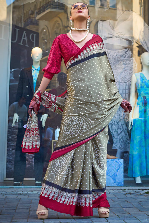 VastraLakshmi Dalliance Grey Digital Printed Satin Silk Saree With Demesne Blouse Piece