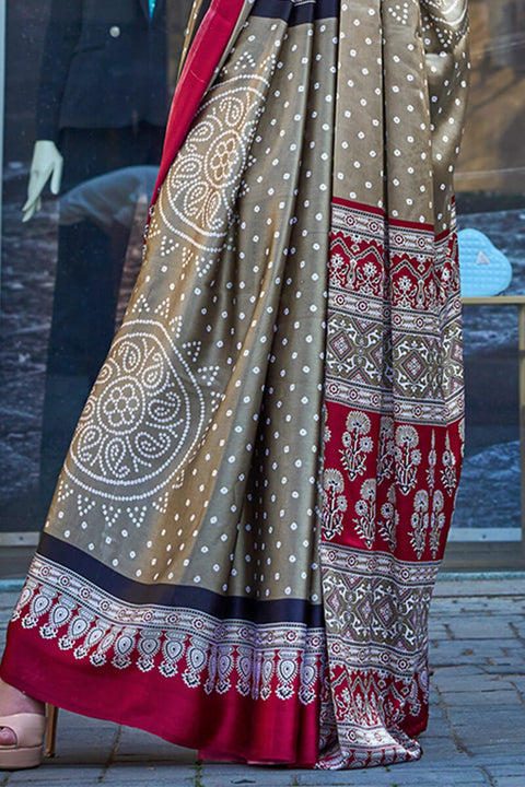 VastraLakshmi Dalliance Grey Digital Printed Satin Silk Saree With Demesne Blouse Piece