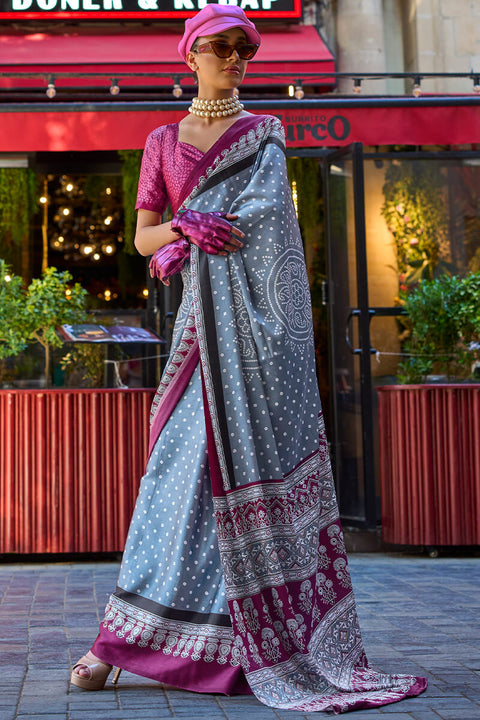 VastraLakshmi Desuetude Grey Digital Printed Satin Silk Saree With Diaphanous Blouse Piece