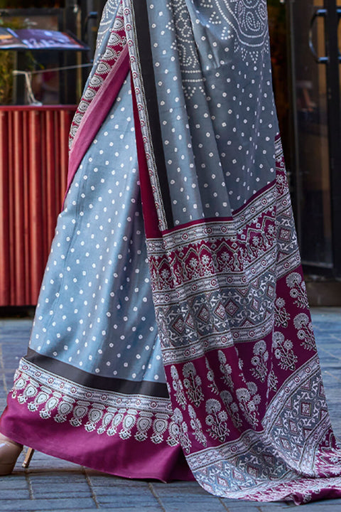 VastraLakshmi Desuetude Grey Digital Printed Satin Silk Saree With Diaphanous Blouse Piece