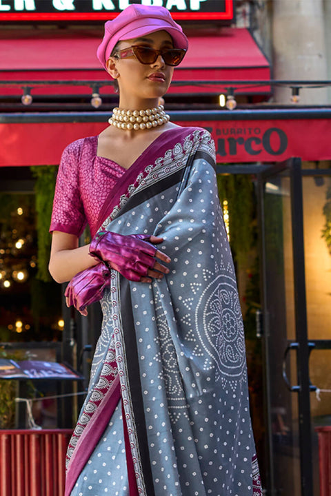 VastraLakshmi Desuetude Grey Digital Printed Satin Silk Saree With Diaphanous Blouse Piece