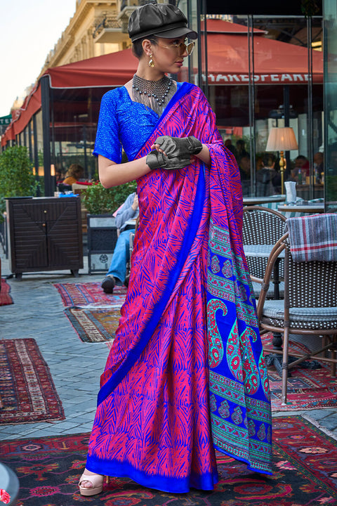 VastraLakshmi Ebullience Pink and Blue Digital Printed Satin Silk Saree With Imbrication Blouse Piece