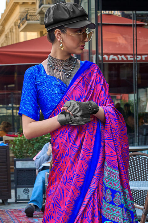 VastraLakshmi Ebullience Pink and Blue Digital Printed Satin Silk Saree With Imbrication Blouse Piece