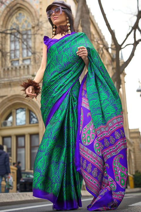 VastraLakshmi Surreptitious Green and Purple Digital Printed Satin Silk Saree With Denouement Blouse Piece