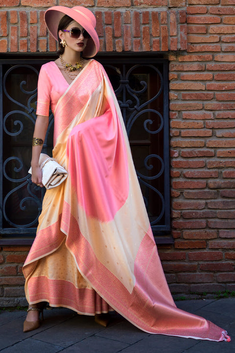 VastraLakshmi Gleaming Beige and Pink Soft Banarasi Silk Saree With Phenomenal Blouse Piece