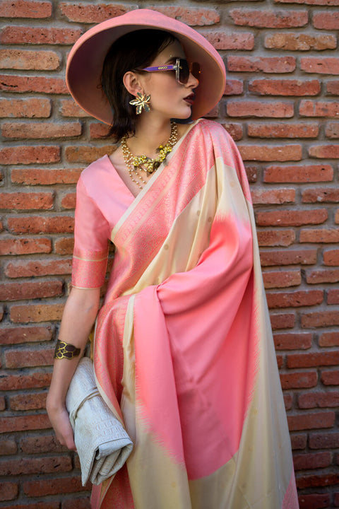 VastraLakshmi Gleaming Beige and Pink Soft Banarasi Silk Saree With Phenomenal Blouse Piece