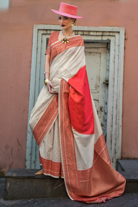 VastraLakshmi Beauteous Beige and Red Soft Banarasi Silk Saree With Divine Blouse Piece