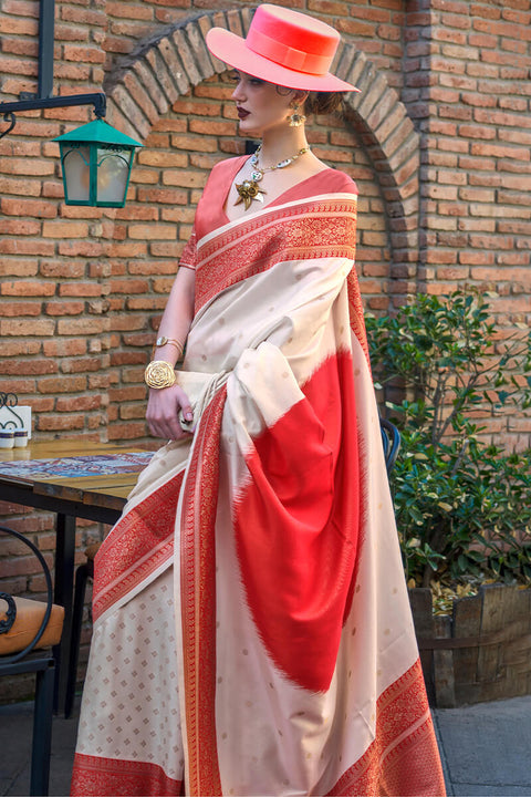 VastraLakshmi Beauteous Beige and Red Soft Banarasi Silk Saree With Divine Blouse Piece