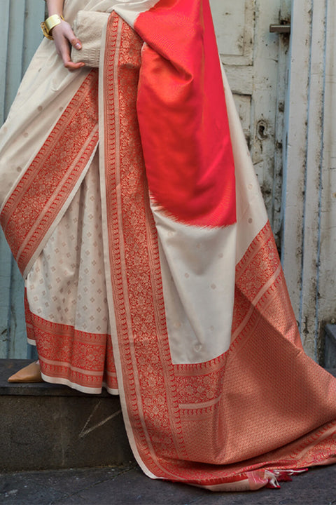 VastraLakshmi Beauteous Beige and Red Soft Banarasi Silk Saree With Divine Blouse Piece