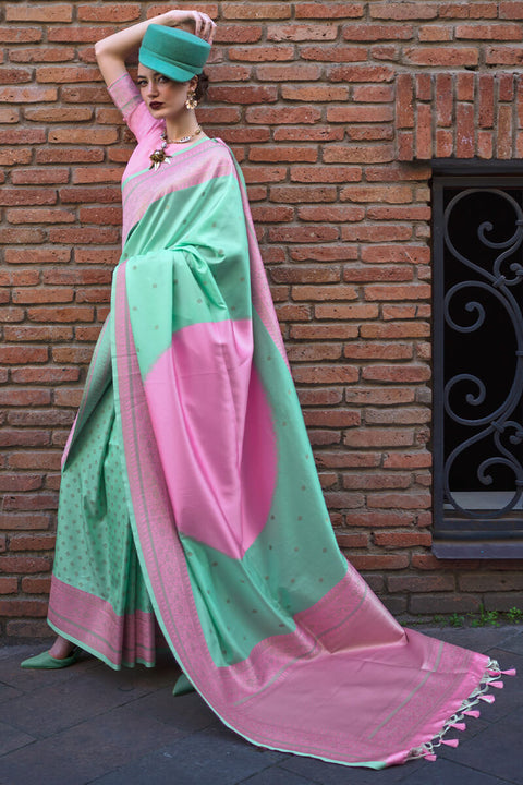 VastraLakshmi Ravishing Sea Green Soft Banarasi Silk Saree With Dulcet Blouse Piece