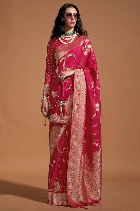 VastraLakshmi Phenomenal Dark Pink Georgette Banarasi Silk Saree With Jazzy Blouse Piece