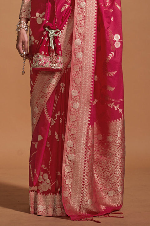 VastraLakshmi Phenomenal Dark Pink Georgette Banarasi Silk Saree With Jazzy Blouse Piece