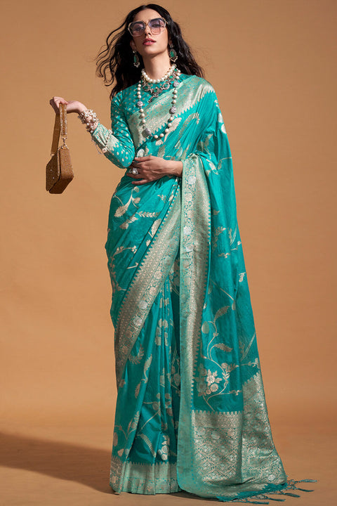 VastraLakshmi Chatoyant Turquoise Georgette Banarasi Silk Saree With Evanescent Blouse Piece