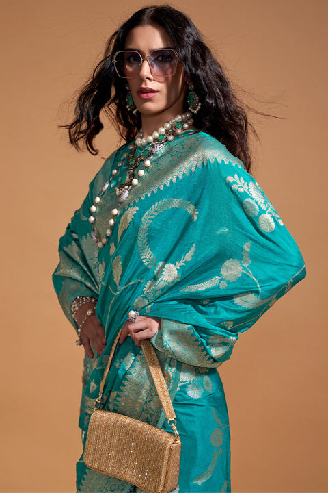 VastraLakshmi Chatoyant Turquoise Georgette Banarasi Silk Saree With Evanescent Blouse Piece