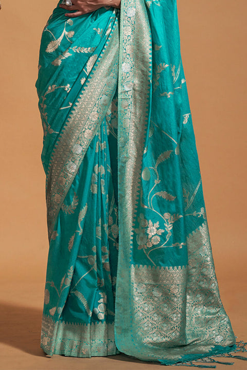 VastraLakshmi Chatoyant Turquoise Georgette Banarasi Silk Saree With Evanescent Blouse Piece