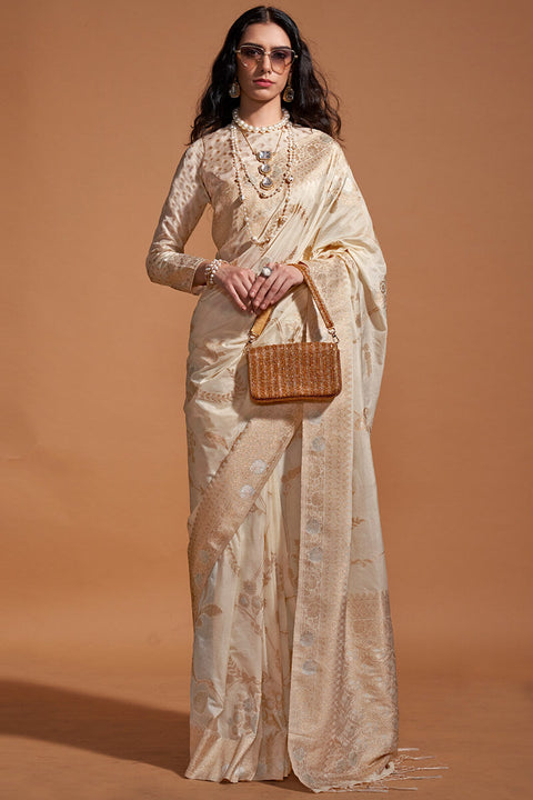 VastraLakshmi Extraordinary Beige Georgette Banarasi Silk Saree With Fantabulous Blouse Piece