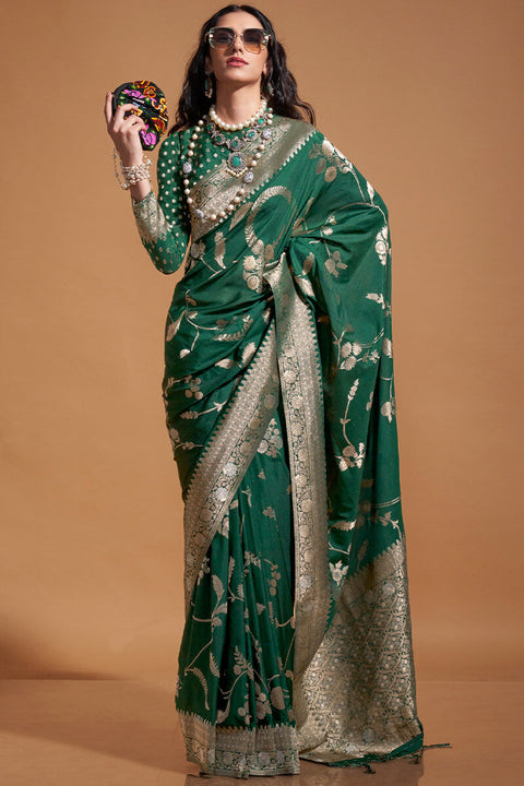 VastraLakshmi Exuberant Dark Green Georgette Banarasi Silk Saree With Piquant Blouse Piece