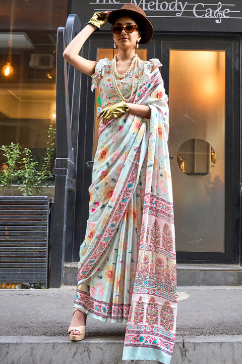 VastraLakshmi Elegant Off White Digital Printed Satin Silk Saree With Lovely Blouse Piece