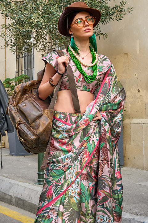 VastraLakshmi Classy Green Digital Printed Satin Silk Saree With Mesmerising Blouse Piece