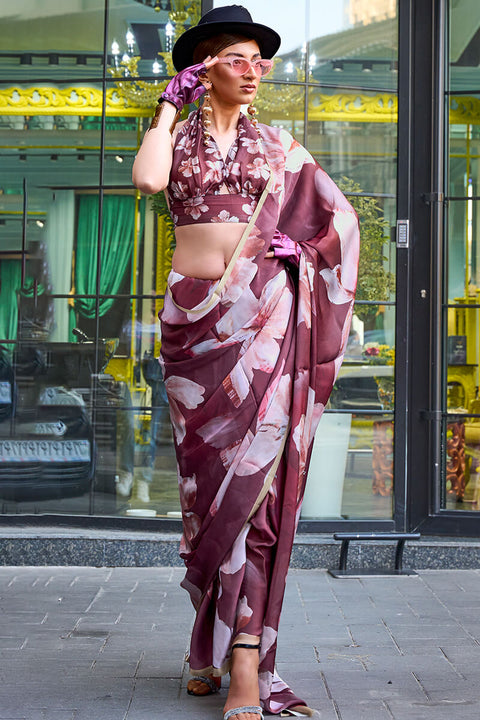 VastraLakshmi Phenomenal Wine Digital Printed Satin Silk Saree With Invaluable Blouse Piece