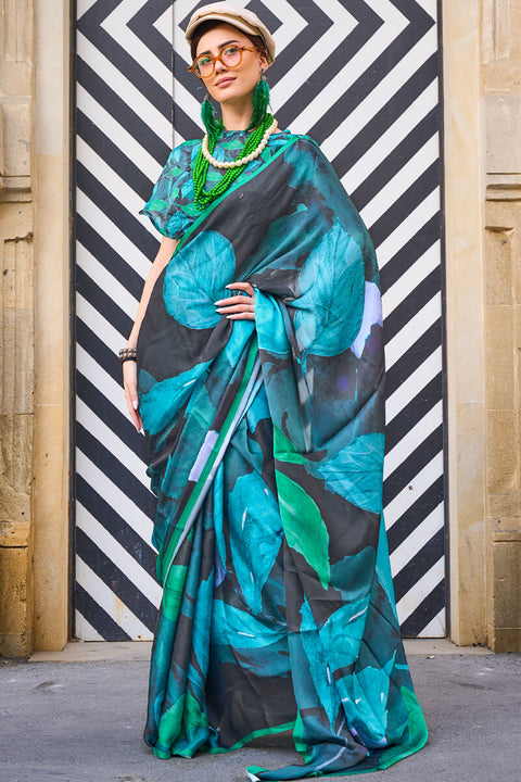 VastraLakshmi Surpassing Black Digital Printed Satin Silk Saree With Desiring Blouse Piece