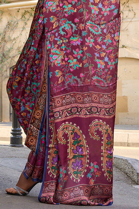 VastraLakshmi Jazzy Purple Digital Printed Satin Silk Saree With Adorable Blouse Piece