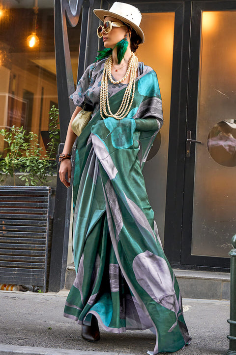 VastraLakshmi Groovy Dark Green Digital Printed Satin Silk Saree With Flamboyant Blouse Piece