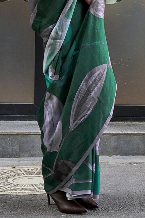 VastraLakshmi Groovy Dark Green Digital Printed Satin Silk Saree With Flamboyant Blouse Piece