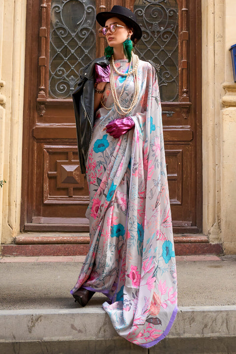 VastraLakshmi Preferable Grey Digital Printed Satin Silk Saree With Glorious Blouse Piece