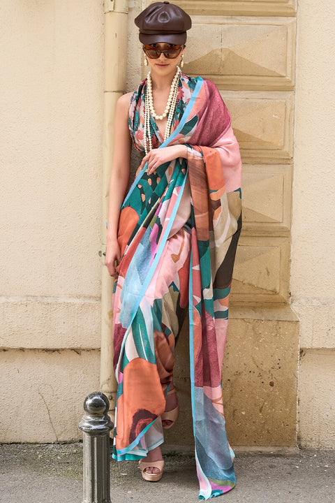 VastraLakshmi Fairytale Multicolor Digital Printed Satin Silk Saree With Stunner Blouse Piece