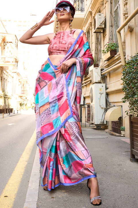 VastraLakshmi Beleaguer Pink Digital Printed Satin Silk Saree With Desuetude  Blouse Piece