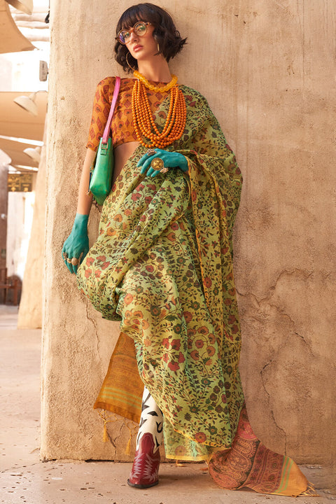 VastraLakshmi Trendy Green Digital Printed Tissue Silk Saree With Classy Blouse Piece