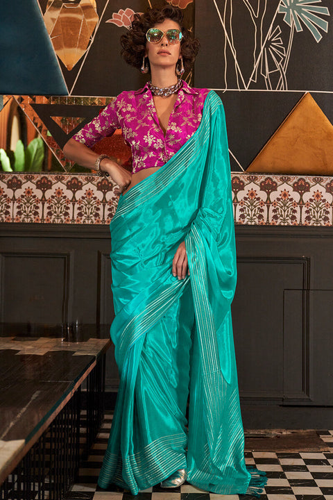 VastraLakshmi Deserving Turquoise Soft Banarasi Silk Saree With Glowing Blouse Piece