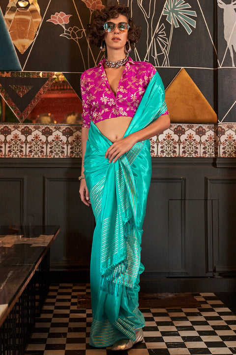 VastraLakshmi Deserving Turquoise Soft Banarasi Silk Saree With Glowing Blouse Piece