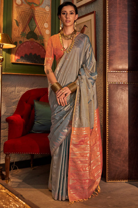 VastraLakshmi Desuetude Grey Soft Banarasi Silk Saree With Inspiring Blouse Piece