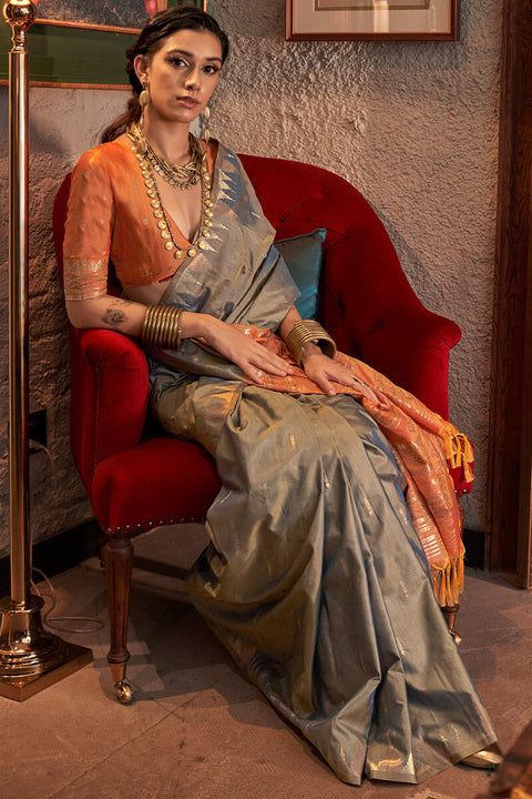 VastraLakshmi Desuetude Grey Soft Banarasi Silk Saree With Inspiring Blouse Piece