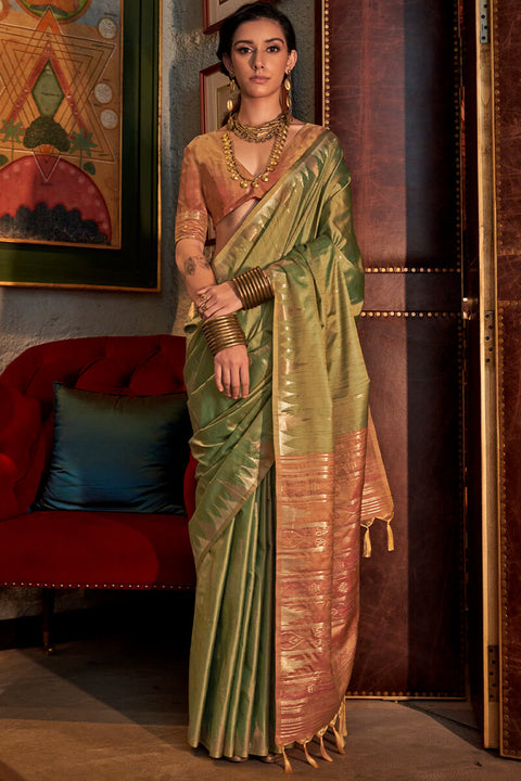 VastraLakshmi Energetic Mehndi Soft Banarasi Silk Saree With Pretty Blouse Piece