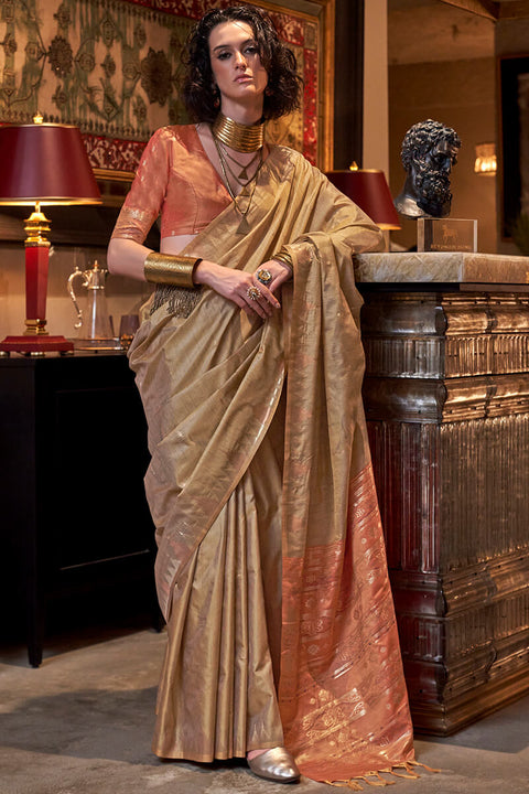 VastraLakshmi Majesty Dark Beige Soft Banarasi Silk Saree With Fairytale Blouse Piece