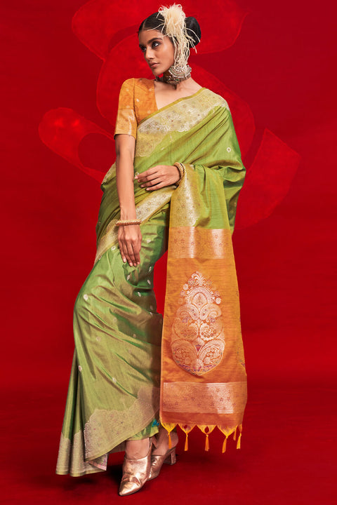 VastraLakshmi Chatoyant Green Soft Banarasi Silk Saree With Gossamer Blouse Piece