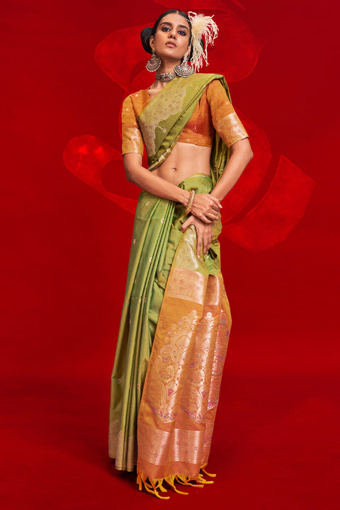 VastraLakshmi Chatoyant Green Soft Banarasi Silk Saree With Gossamer Blouse Piece