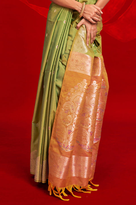 VastraLakshmi Chatoyant Green Soft Banarasi Silk Saree With Gossamer Blouse Piece